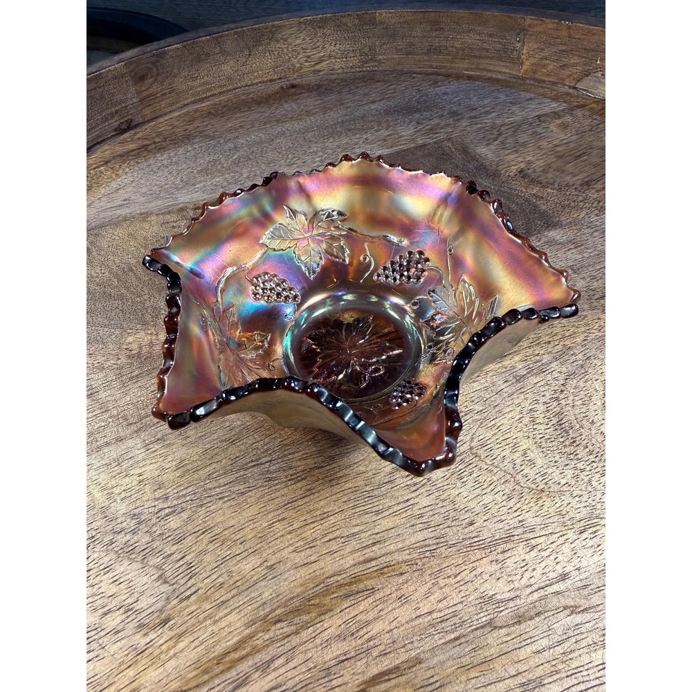 Amethyst Carnival Glass Grape & Leaf Bowl • 6″ Ruffled Iridescent Vintage Dish